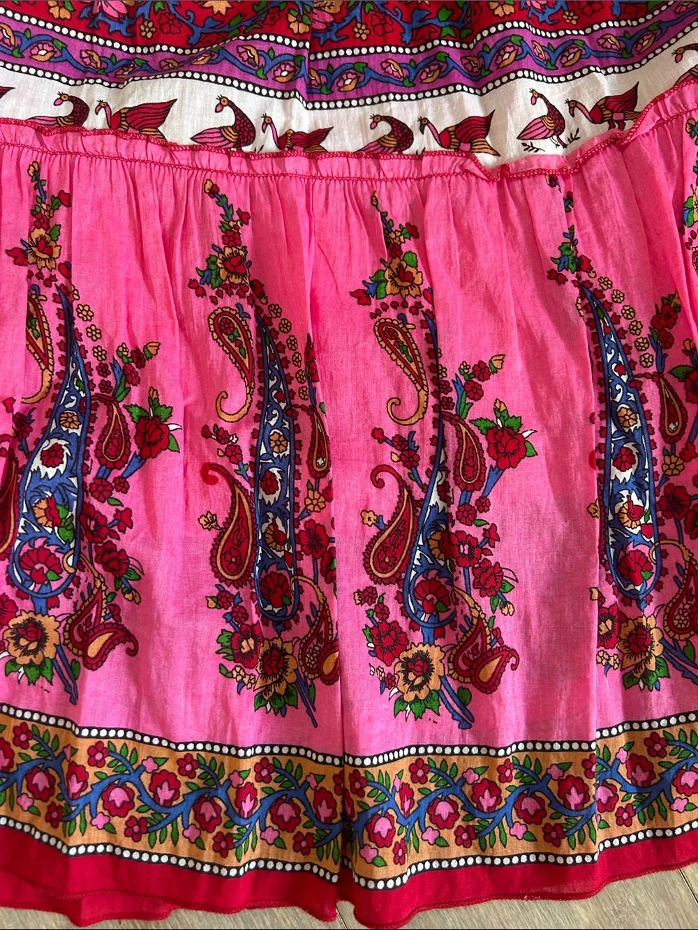 Bohemian Cotton Pink Floral Tiered Maxi Skirt size L ruched waist lined